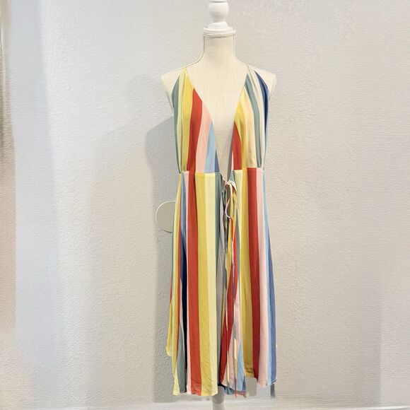 Reformation Sunburst Wrap Midi Dress Rainbow Stripe Spaghetti Strap Large Resort - Picture 2 of 9